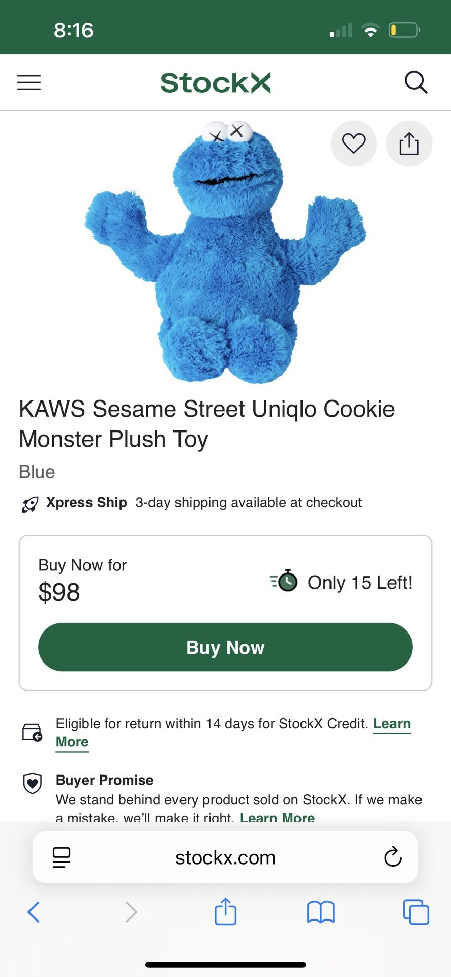 KAWS Sesame Street Uniqlo Cookie Monster Plush Toy