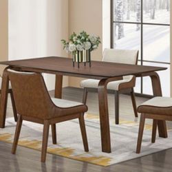 Brand New Walnut & Beige Mid Century Modern Style 5pc Dining Table Set 