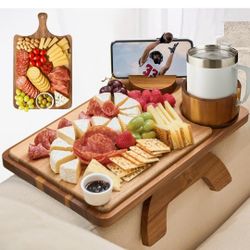 Couch Arm Table 4 in 1, Wood Sofa Arm Tray, Stable Sofa Arm Table with 360° Rotatable Phone Holder/Cup Holder/Cheese Board, Folding Anti-Slip Couch 