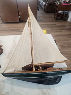 Wooden Model Sailboat Yacht 20" Nautical Decor Canvas Sails – No Stand