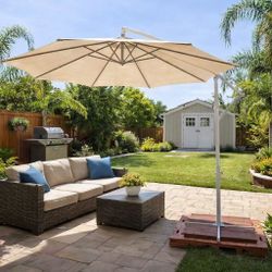 New In Box $65 Each Beige Red Or Blue Color 10 Feet Offset Cantilever Umbrella With Cross Stand UV Protected Fabric 
