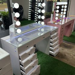 Makeup Vanity with 13 Light up Drawers and LED Mirror with Bluetooth Speaker 