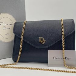 CHRISTIAN DIOR Logo Chain Shoulder Bag Crossbody Leather Black