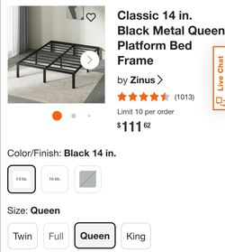 Queen Metal Platform Bed Frame (14” High, No Box Spring Needed)