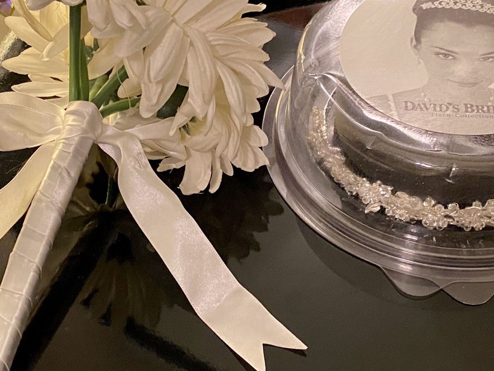 David's Bridal Silver & White Crystal Rhinestone Metal Leaf Tiara & White Daisy Bouquet