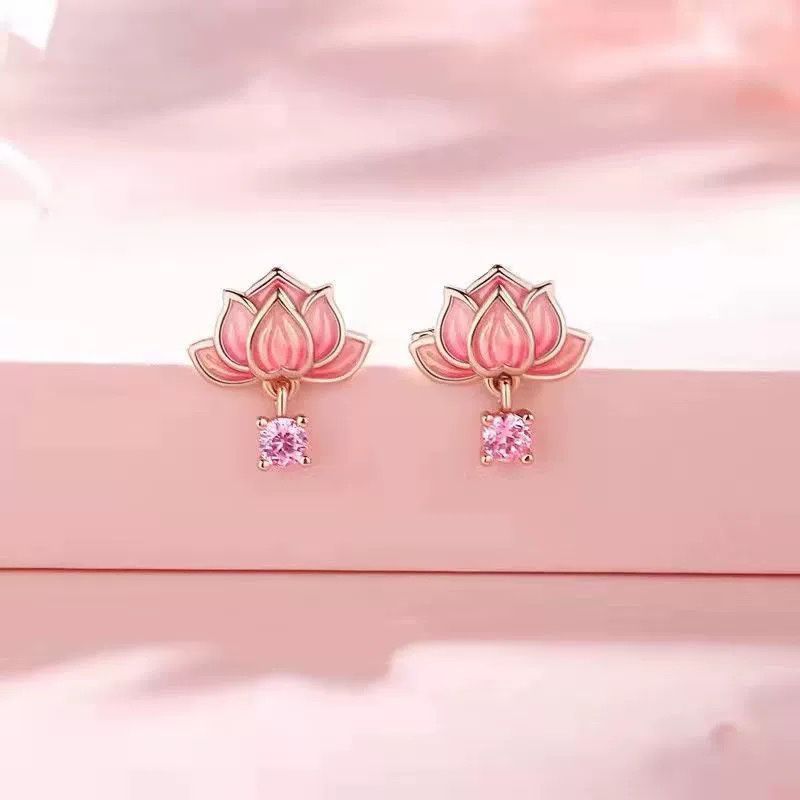 Water Lily Pink Earring With Diamond 
