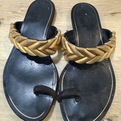 Louis Vuitton GoldMetal Chevron Black Suede Slide Sandal Flat Mules Sz 36