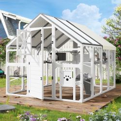 Extra Large Catio Outdoor Cat Enclosure, Walk-in Outdoor Pet House for Multiple Cats, Catio Cat Run Cage with Bridges, PVC Roof, Weatherproof Cover, 8