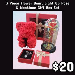 NEW 3 Piece Flower Bear, Light Up Rose & Necklace Gift Box Set: Njft 