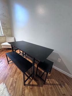 Modern Black Dining Table Set w/ Bench + 2 Stools