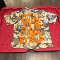 Desto Dubb And LRG Collab ; That’s A Awful Lot Of Cough Syrup Orange Print Over Brown, Grey, Mocha And Cream Print T-Shirt ; Medium