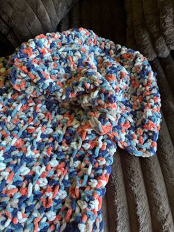 Orange and blue chunky yarn throw, handmade