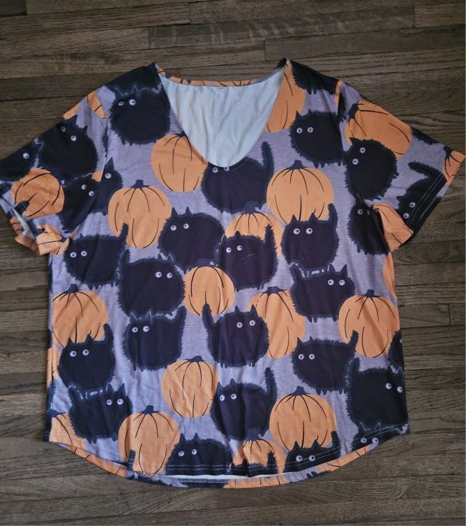 HOLLOWEEN BLACK CAT & ORANGE PUMPKIN PRINTS WOMEN ADULT 3XL  SIZE  BLOUSE 