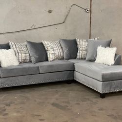 Grey Velvet Sectional. Brand New. 