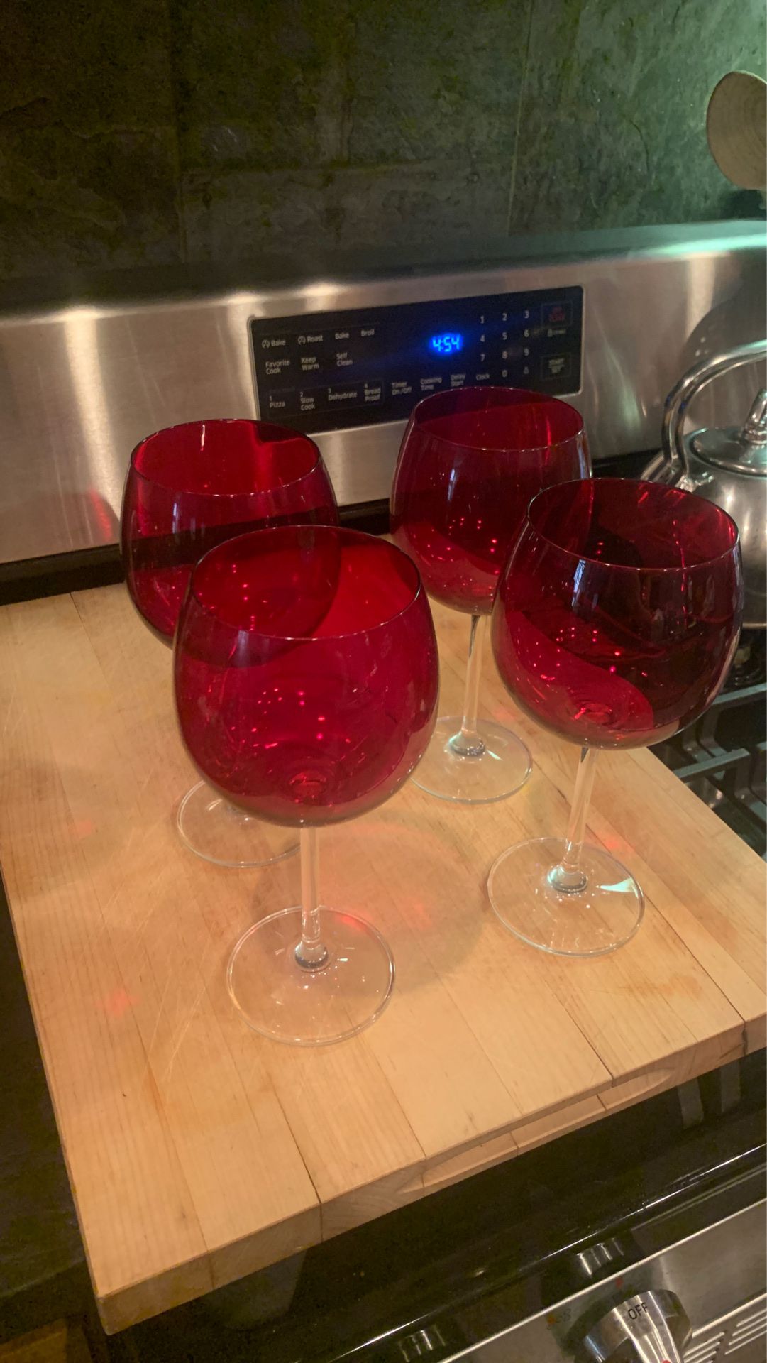 4 beautiful red glass wine glasses