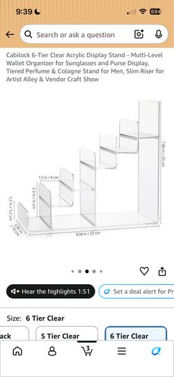 6-Tier Clear Acrylic Display Stand - Multi-Level Wallet Organizer for Sunglasses and Purse Display, Tiered Perfume & Cologne Stand for Men, Slim Riser
