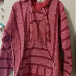 Red Striped BAJA Shirt Woven Mexican Hoodie Surfer Pullover Adult M-L-XL-2XL