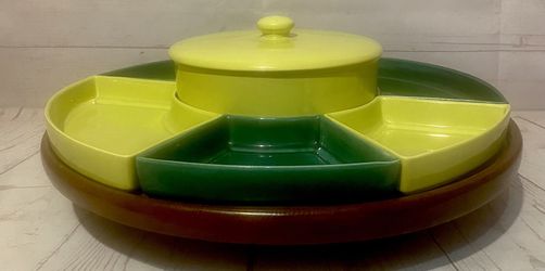 MCM Mid Century Modern California Redwood Pottery Lazy Susan Chip & Dip