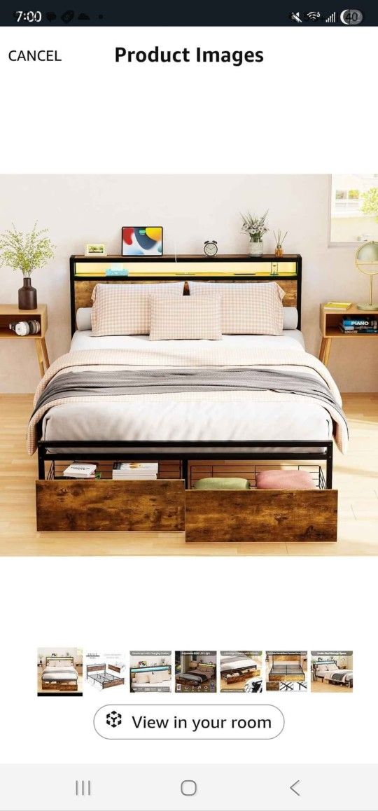 Zevemomo Full Bed Frame with Storage Drawers, Bed Frame Full Size with Headboard, LED Light, Charging Station with 3 USB Ports & 1 Type-C Port, Noisel