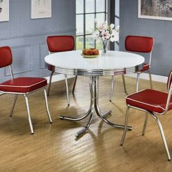 Retro White/Red Dining Round Table 5 Piece