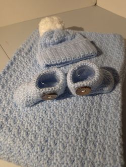 Baby Blue Crochet Blanket Hat and Booties Set