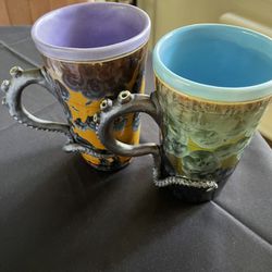 Gorgeous Handmade Ceramic Ocean Themed Tall Mugs w/ Tentacle Handles - set of 2