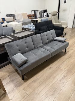 64" Futon Sofa Bed, Velvet Foldable Couch, Reclining Sleeper with Removable Armrests, Upholstered Loveseat Sofa Couch with Folding Cup Holders for Hom