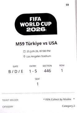 FIFA World Cup 2026 USA vs Turkey - Section 446 Row 1, Seat 1