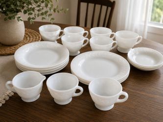 Vintage Fire King Laurel Milk Glass Dinnerware Set - 22 Pcs