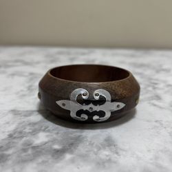 Artsy Bohemian Brown Wooden Bangle Bracelet O/S Silver Fleur De Los Lily Flower