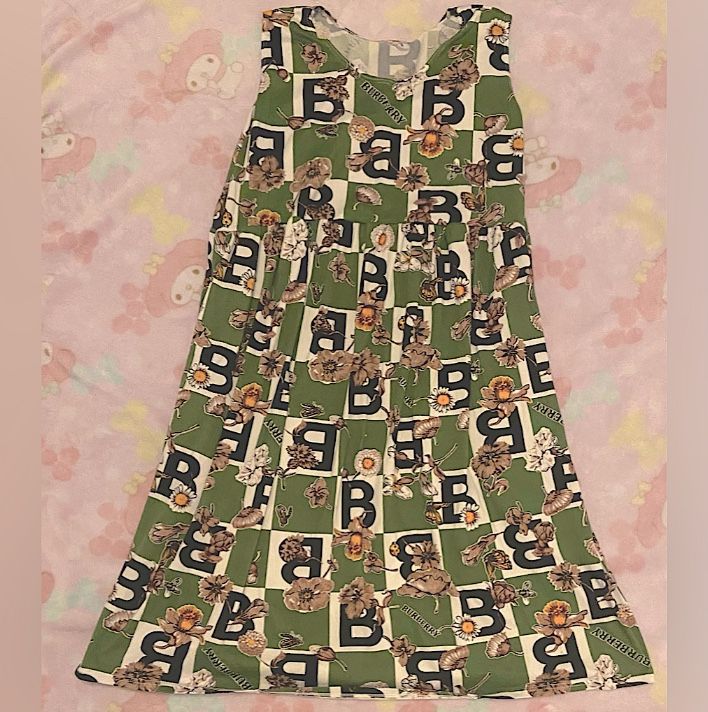 Burberry vintage green & ivory checker floral cotton sleeveless summer dress(M)