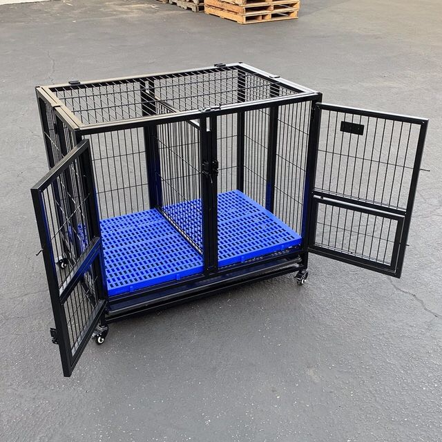 New $140 Folding Dog Cage 37x25x33” Heavy Duty Double-Door Kennel w/ Divider, Plastic Tray