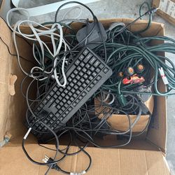 Assortment of Monitors, cables, cords, mouses and keyboards