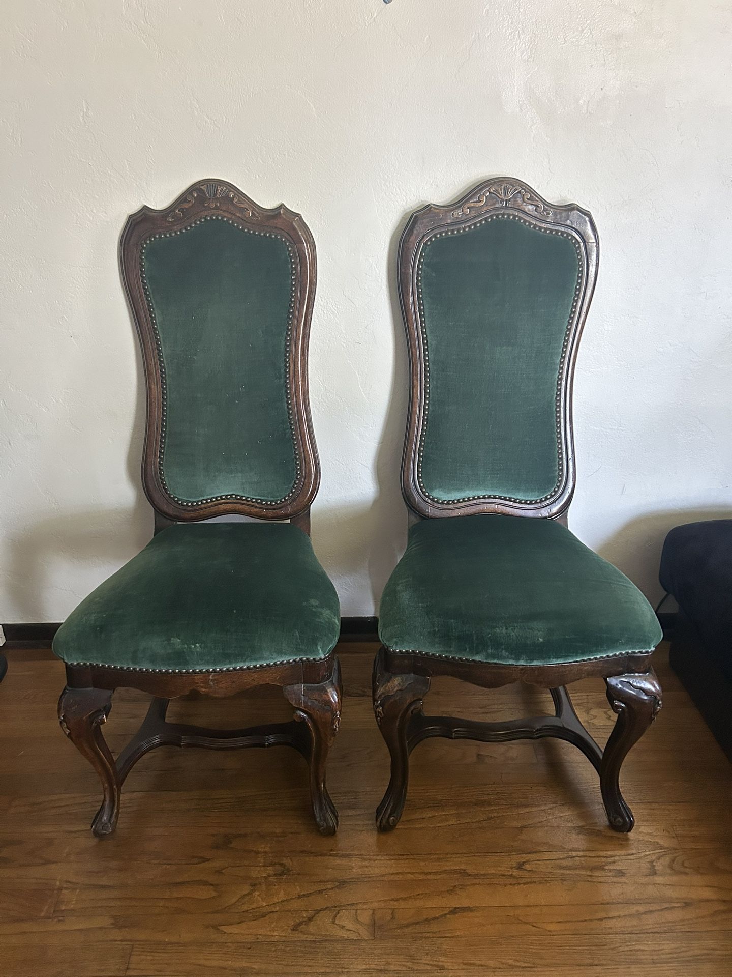 Wood Vintage Antique Chairs/ Dining Chairs Green Suede (2)