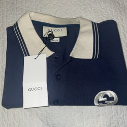 Gucci Dark Blue Polo With Cream Collar