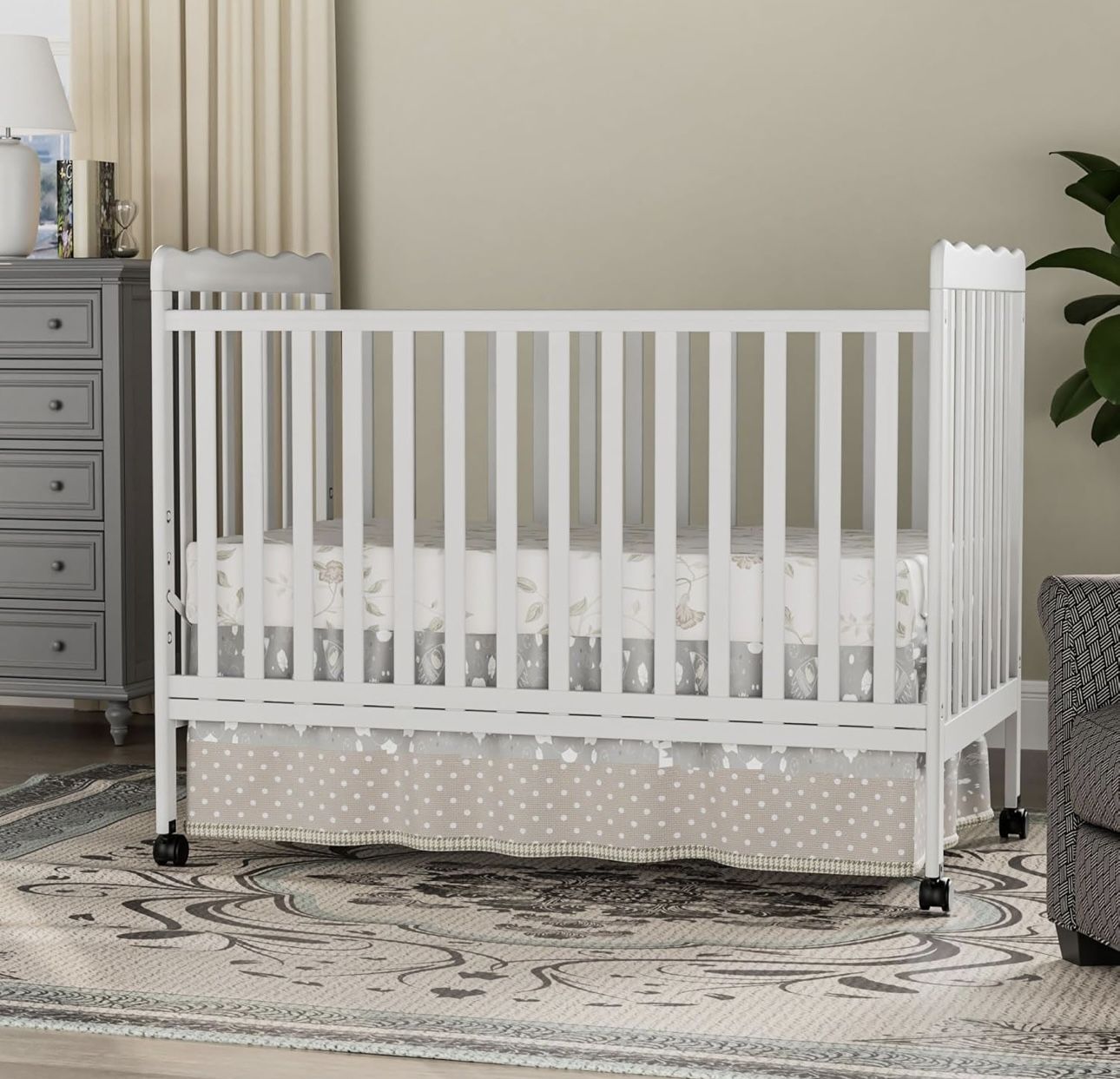 ) Baby Crib, 3-in-1 Convertible Crib Wood Full Size Toddler Bed with Locking Wheels Plus mattress
