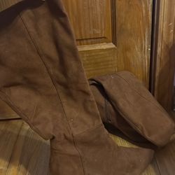 Brown Suede Snakeskin Heel Knee High Boots