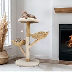 44Inch Large Cats Tower Made by Wood with Sturdy Base and Sisal Rope Scratcher - Kitty Tall Activity Climbing Perch with Two Wicker Baskets and Flower
