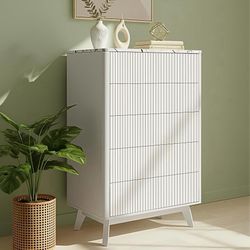 Fluted 5 Drawers Dresser for Bedroom, 47" Tall Handleless Chest of Drawers with Faux Marble Top, Curved Profile Design, Wood Drawer Organizer for Livi