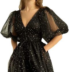 New Price - Women ‘s Sparkle StarryTulle Puffy Sleeve Gown