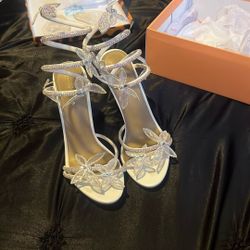 White silver butterfly heels 
