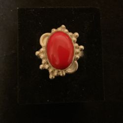SilverTone Solid Ring With Red Center Stone…Size7