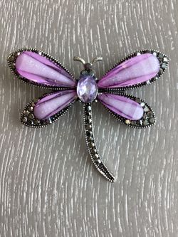Vintage Silver-Tone Dragonfly Pendant/Brooch W/ Lilac Iridescent Wings, Sparkling Rhinestones & A Faux Crystal Center  Stone