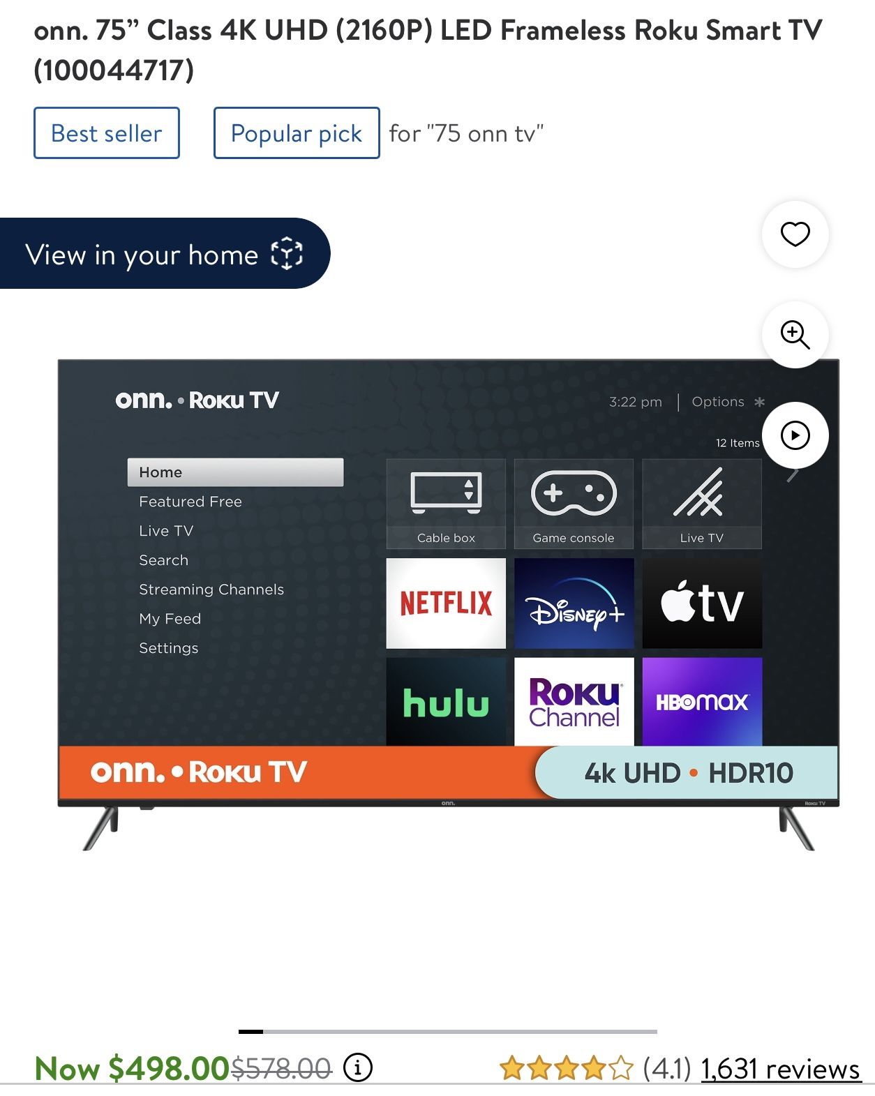 New onn. 75" Class 4K UHD (2160P) LED Frameless Roku Smart TV