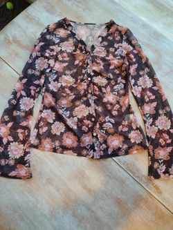 Floral Long Sleeve Button Down Blouse Brown Pink Boho Cottagecore Medium