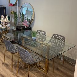Gold Glass Large Dining Table Set  & 4 Chairs
