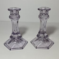 Amethyst Glass Etched Candlestick Holders