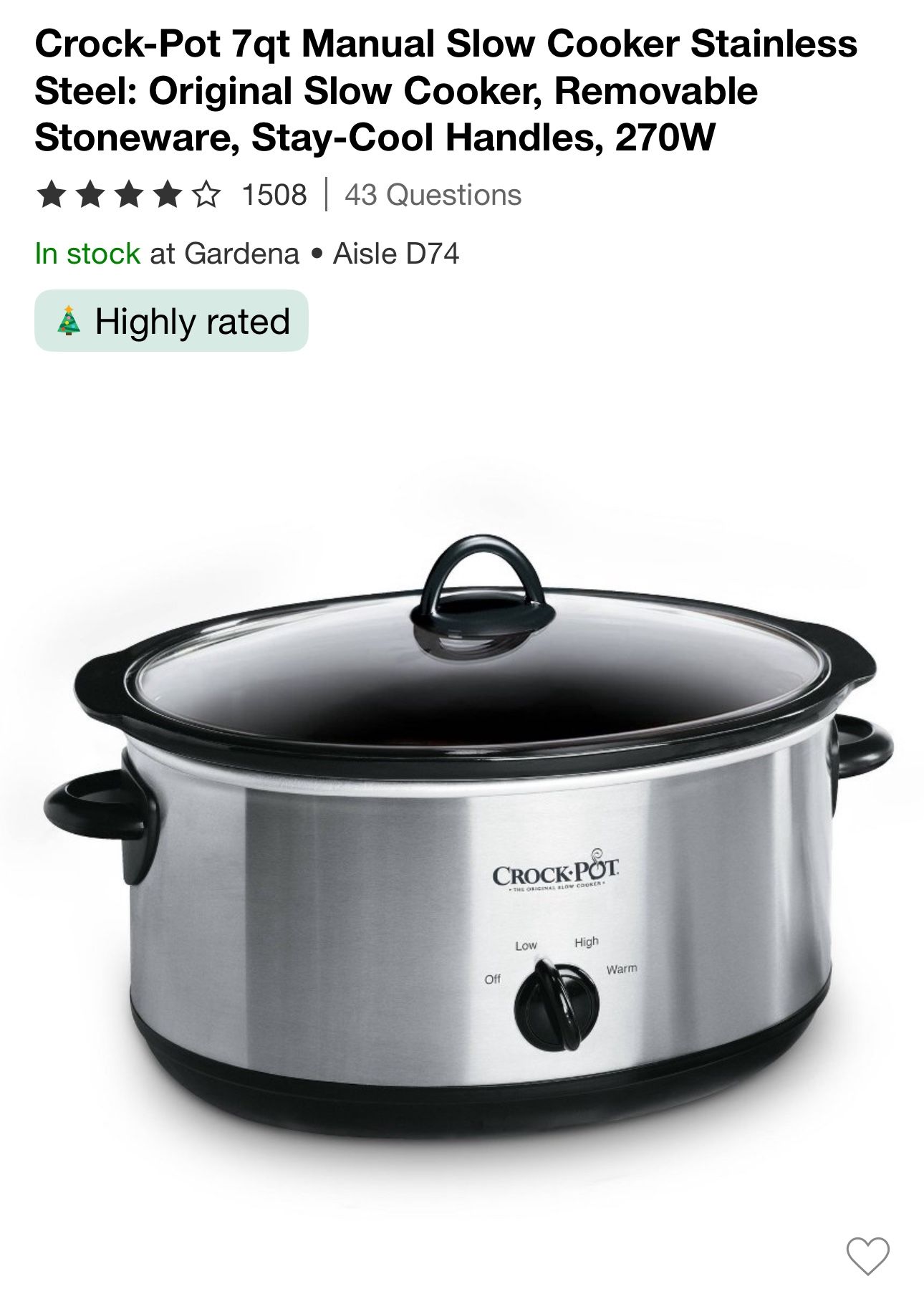Crock-Pot 7qt Manual Slow Cooker Stainless Steel: Original Slow Cooker, Removable Stoneware, Stay-Cool Handles, 270W