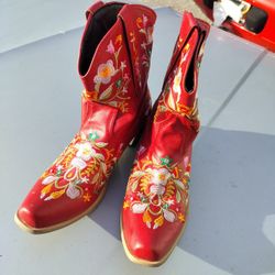 Cowboy Size Women's 9 Line Dancing Boots Red Floral 