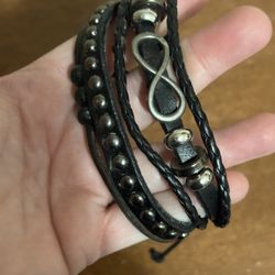Black Leather Wrap Bracelet with Silver Accents